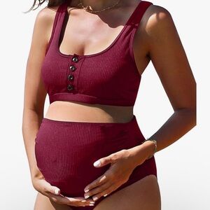Summer Mae Maternity High Waisted Burgundy Swimsuit